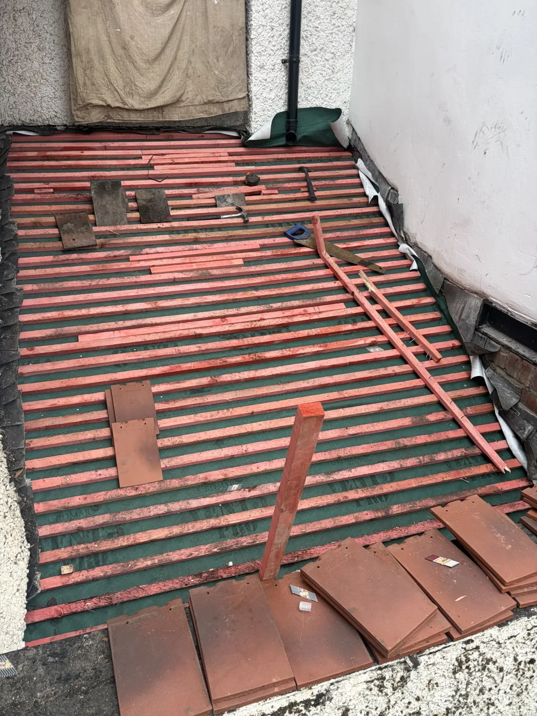 Porch roof with membrane and new battens before retiling in Ormskirk