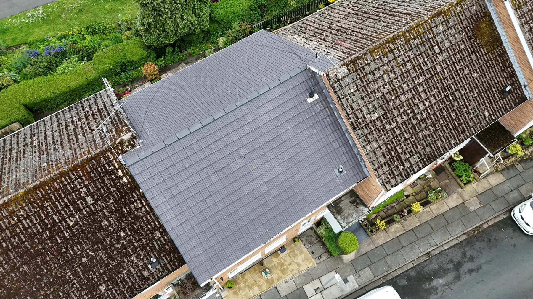 Drone photograph of a tiled roof from the Roofing Ninjas project collection