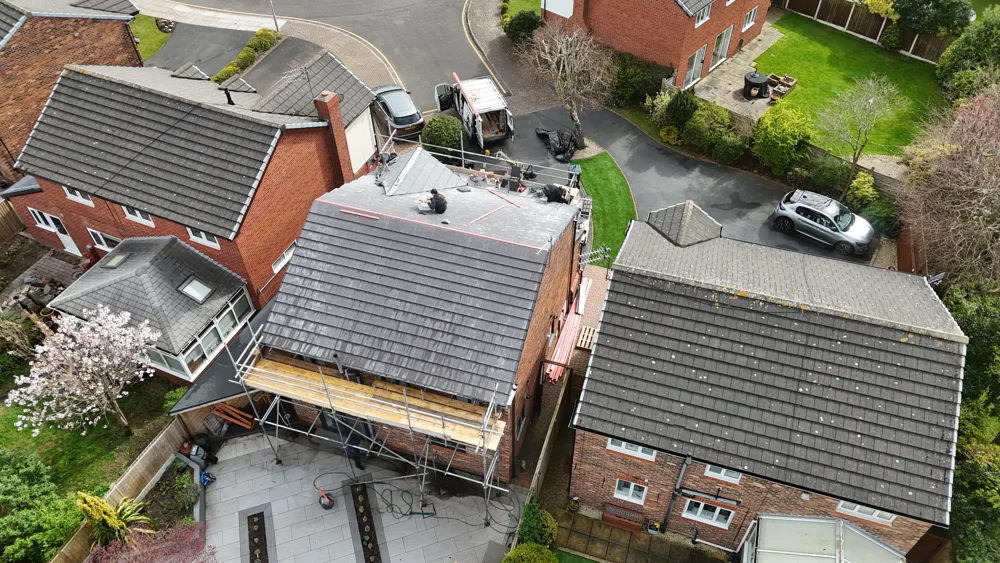 Aerial view of tiled roofing and roof junctions